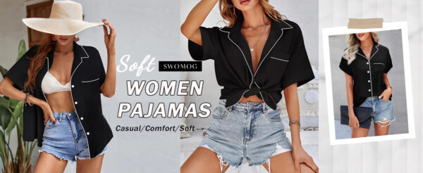 SWOMOG Womens Button Down Pajamas Set Short Sleeve Sleepwear Bride Soft Pj Lounge Sets XS-3XL Black Medium at Amazon Women’s Clothing store - Image 7